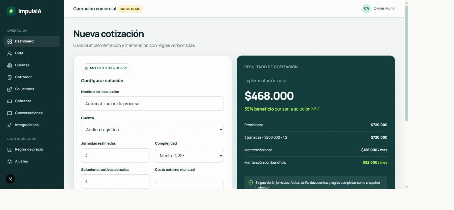 Cotizador con descuento de expansión aplicado en tiempo real · ImpulsIA